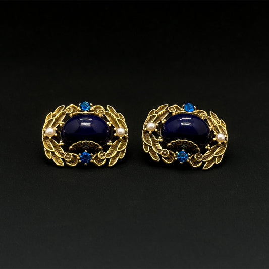 Vintage Ethnic Blue Labradorite Stud Earrings with Pearl Crystals