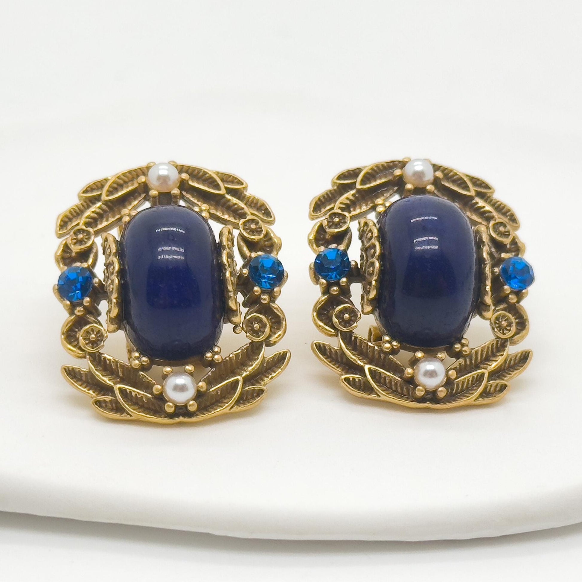 Vintage Ethnic Blue Labradorite Stud Earrings with Pearl Crystals