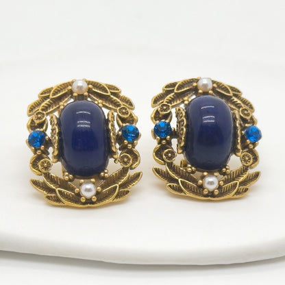 Vintage Ethnic Blue Labradorite Stud Earrings with Pearl Crystals