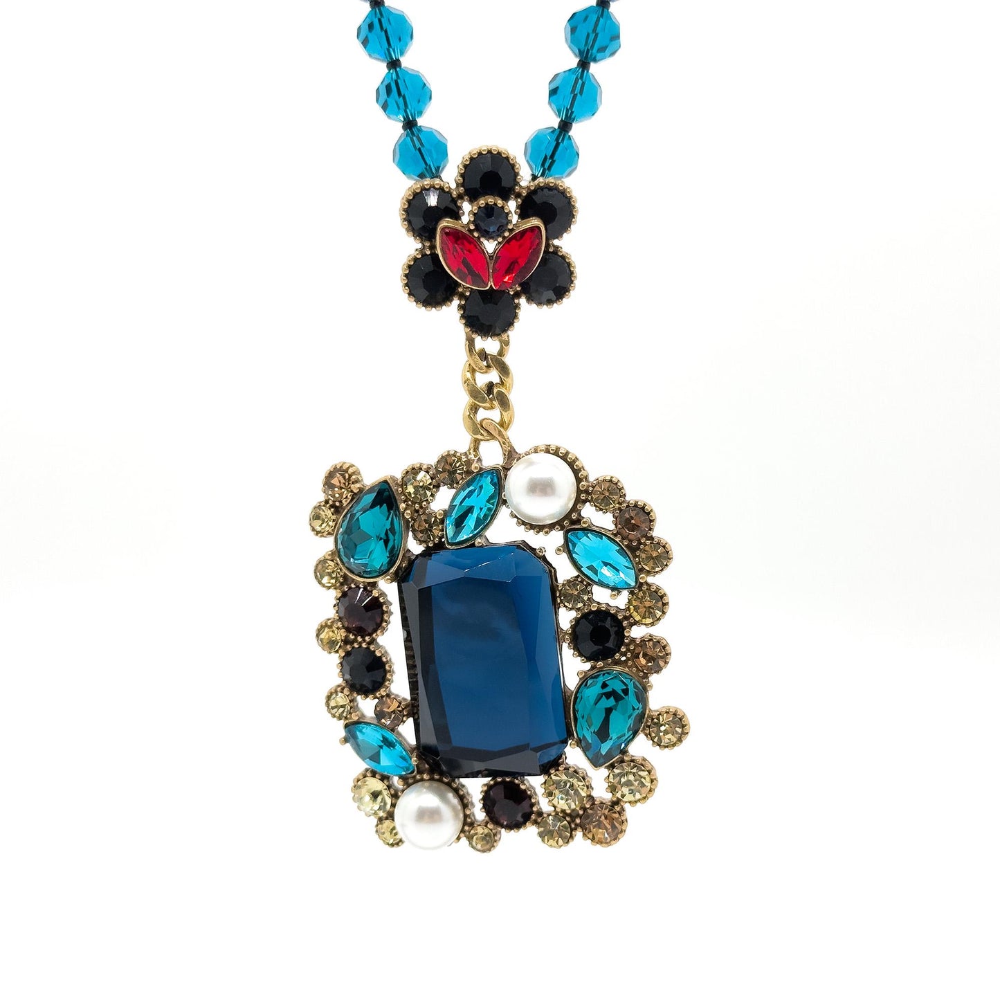 Vintage Ethnic Lapis Lazuli Pendant Necklace with Pearl Accents