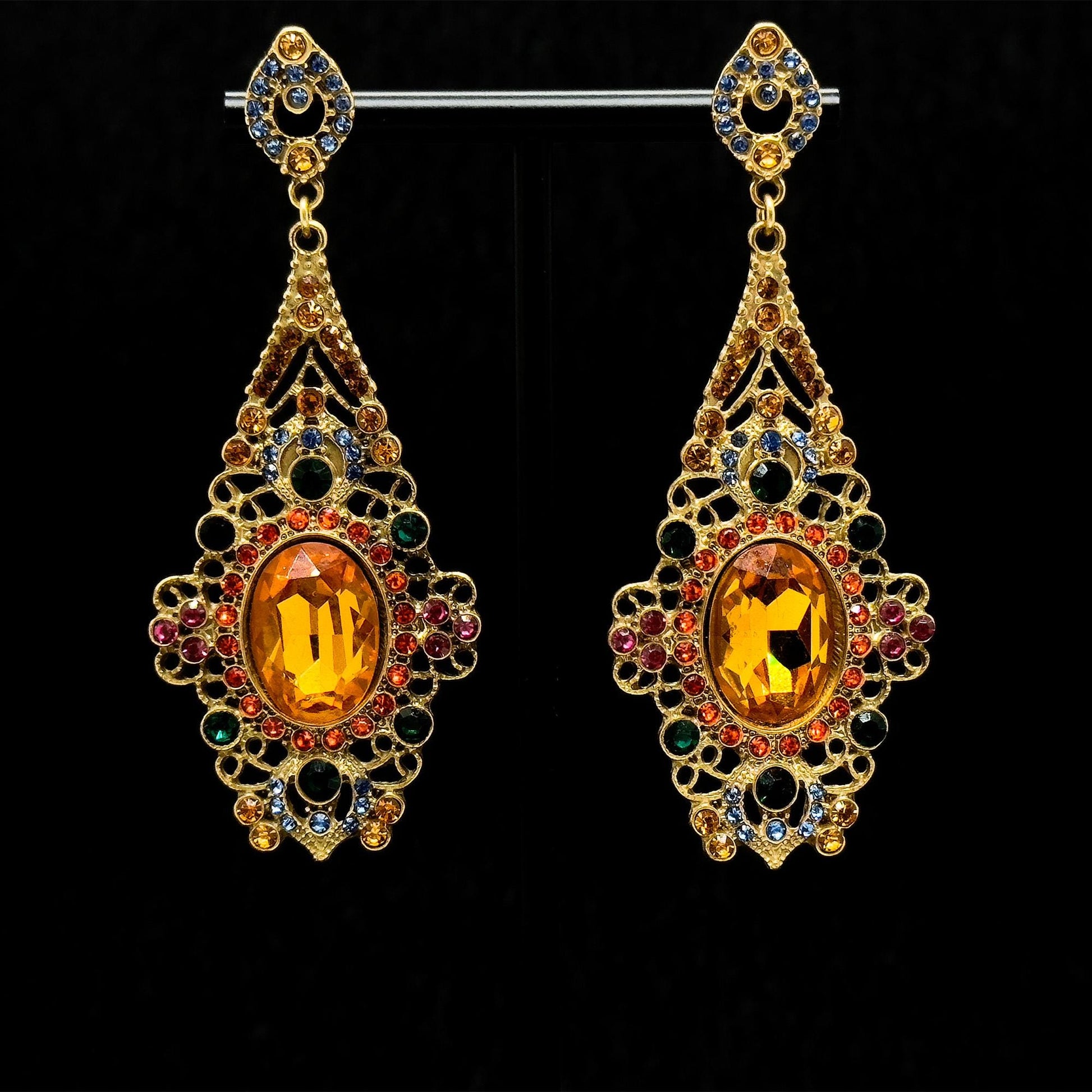 Vintage Ethnic Zircon Crystal Drop Earrings 18K Gold-Plated Handcrafted