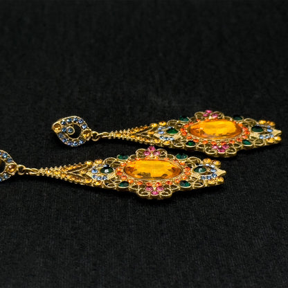 Vintage Ethnic Zircon Crystal Drop Earrings 18K Gold-Plated Handcrafted