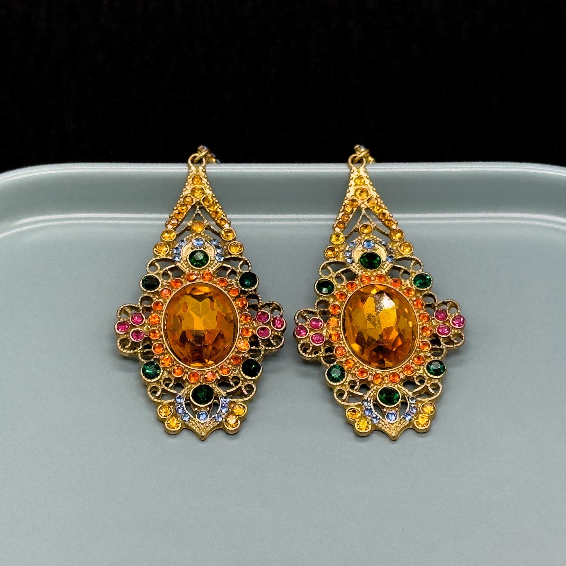 Vintage Ethnic Zircon Crystal Drop Earrings 18K Gold-Plated Handcrafted