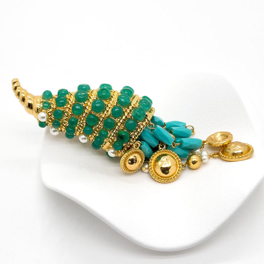 Vintage Art Deco Conch Shell Brooch 18K Gold-Plated Pearl Fringe