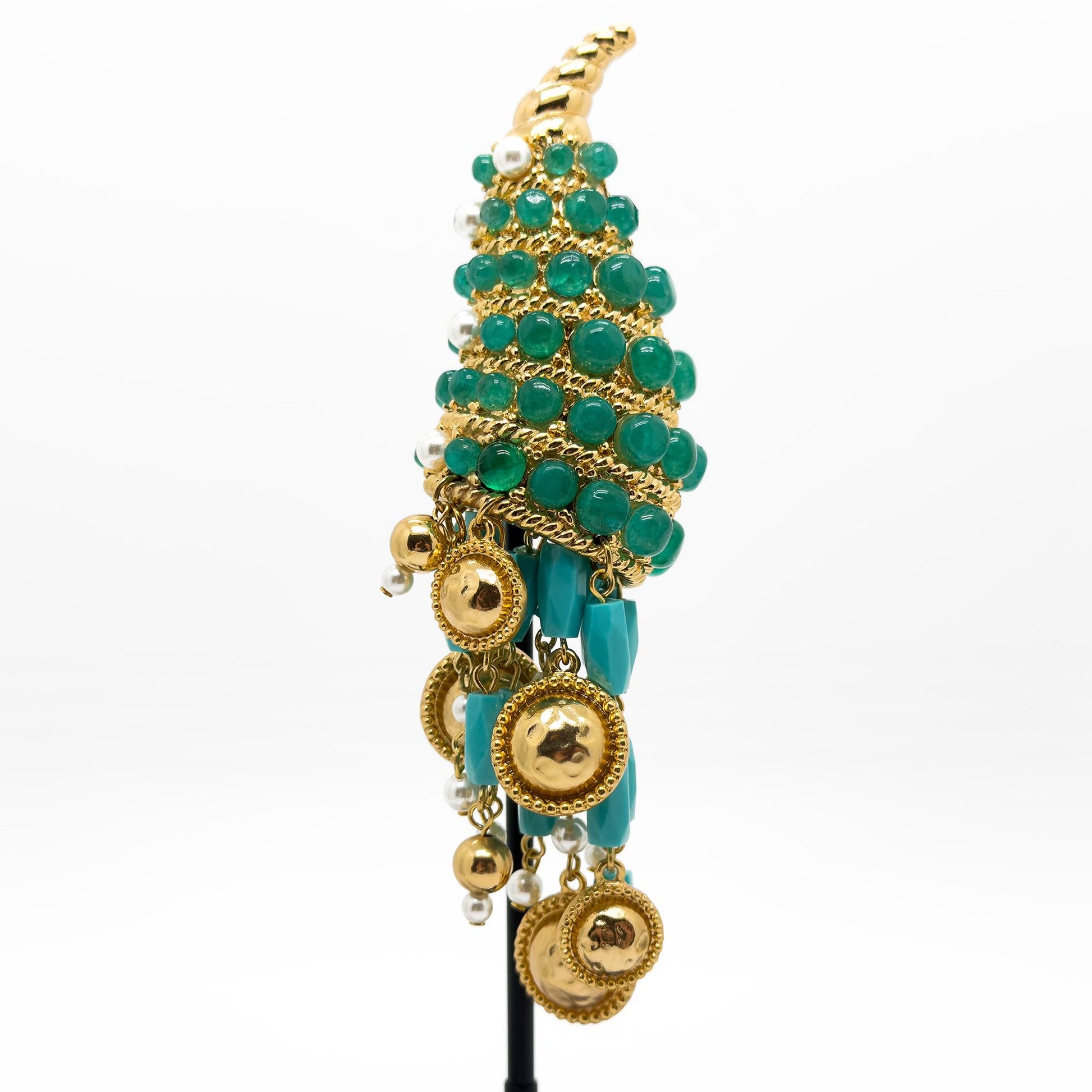 Vintage Art Deco Conch Shell Brooch 18K Gold-Plated Pearl Fringe