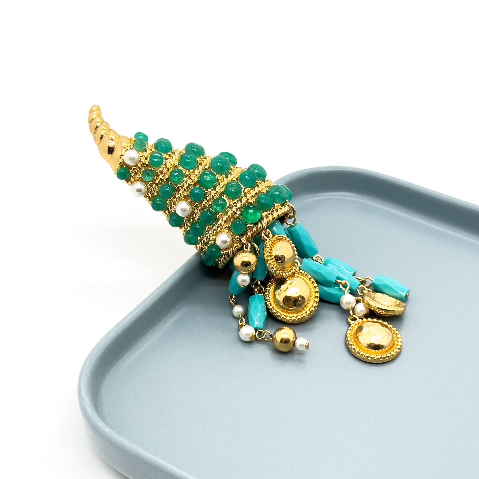 Vintage Art Deco Conch Shell Brooch 18K Gold-Plated Pearl Fringe