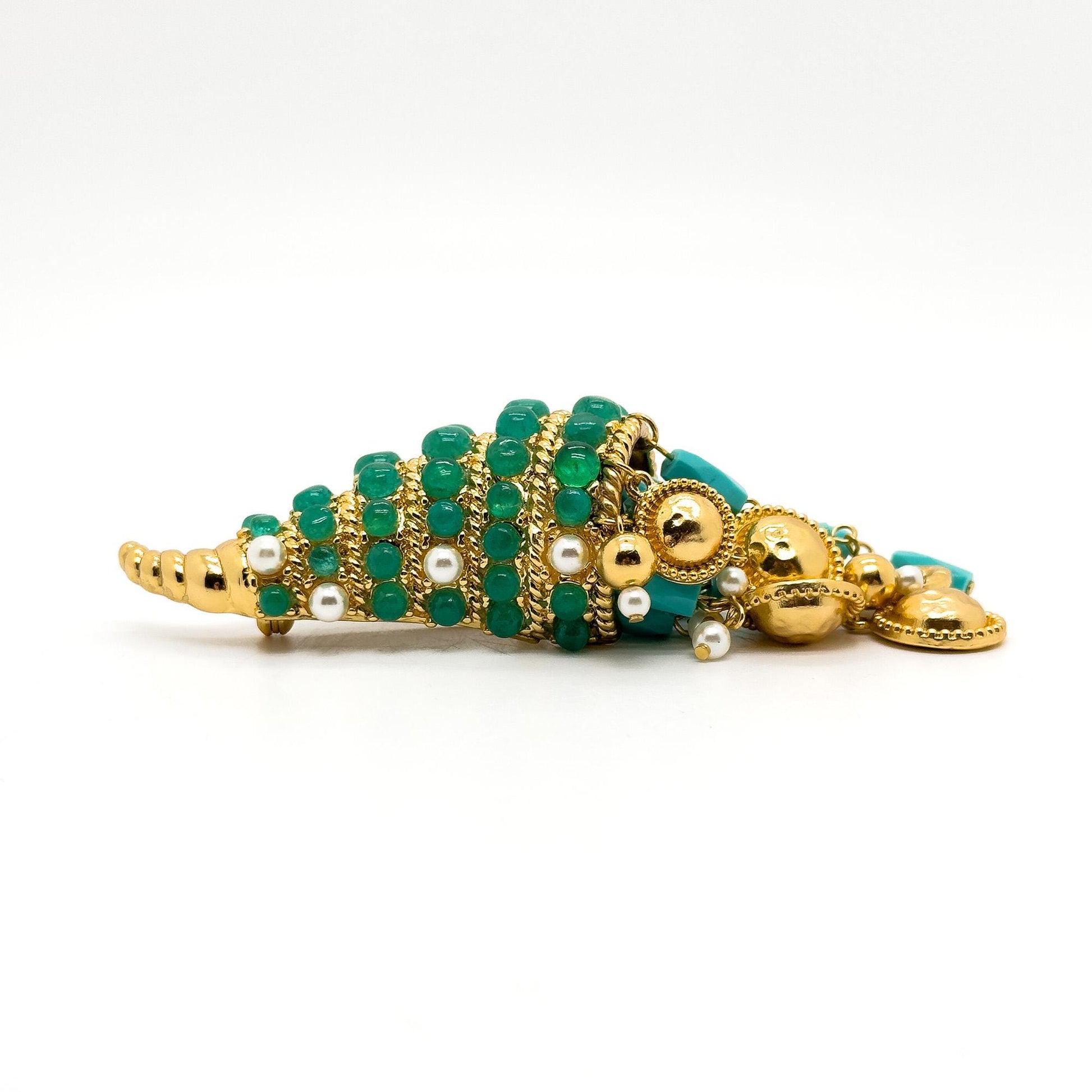 Vintage Art Deco Conch Shell Brooch 18K Gold-Plated Pearl Fringe