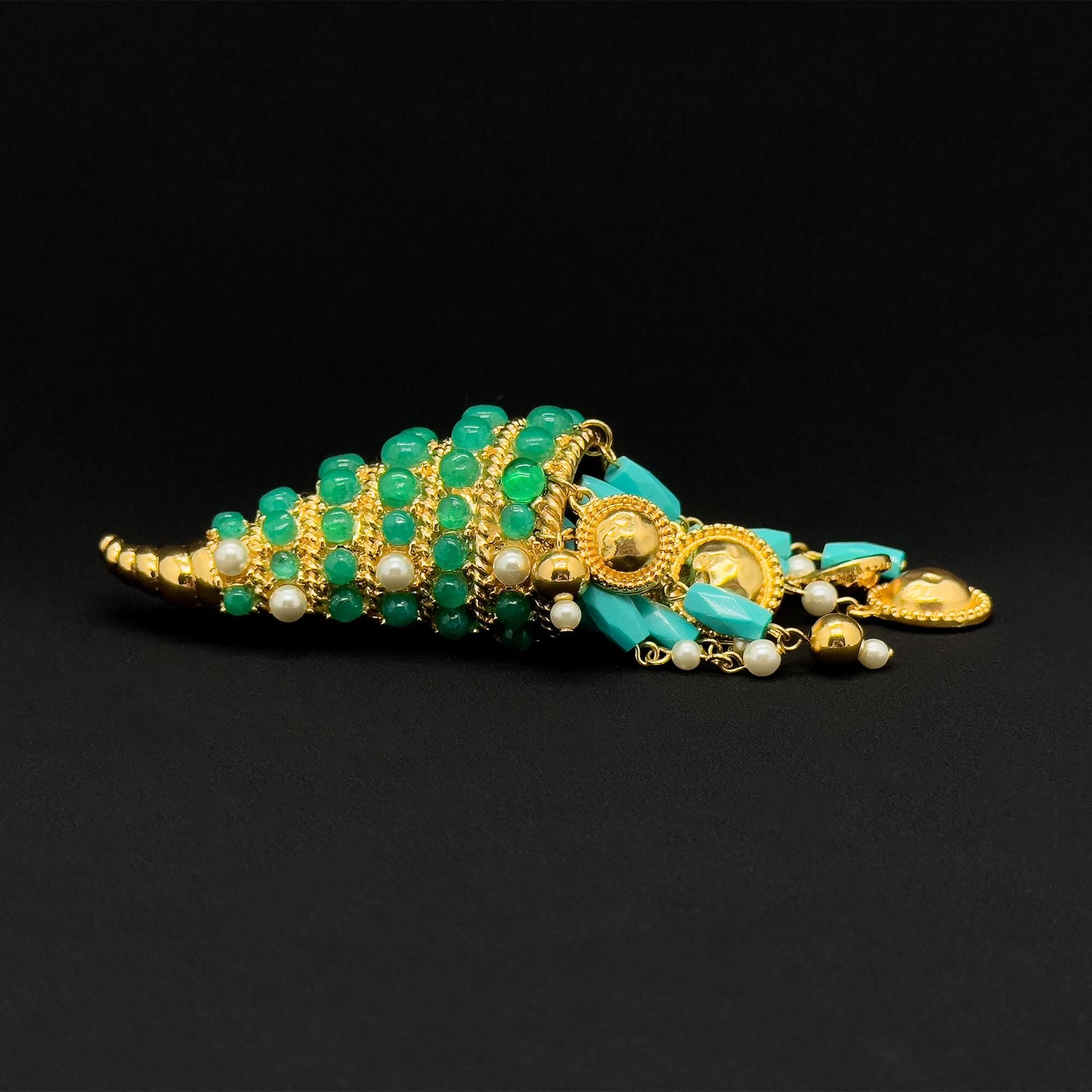 Vintage Art Deco Conch Shell Brooch 18K Gold-Plated Pearl Fringe