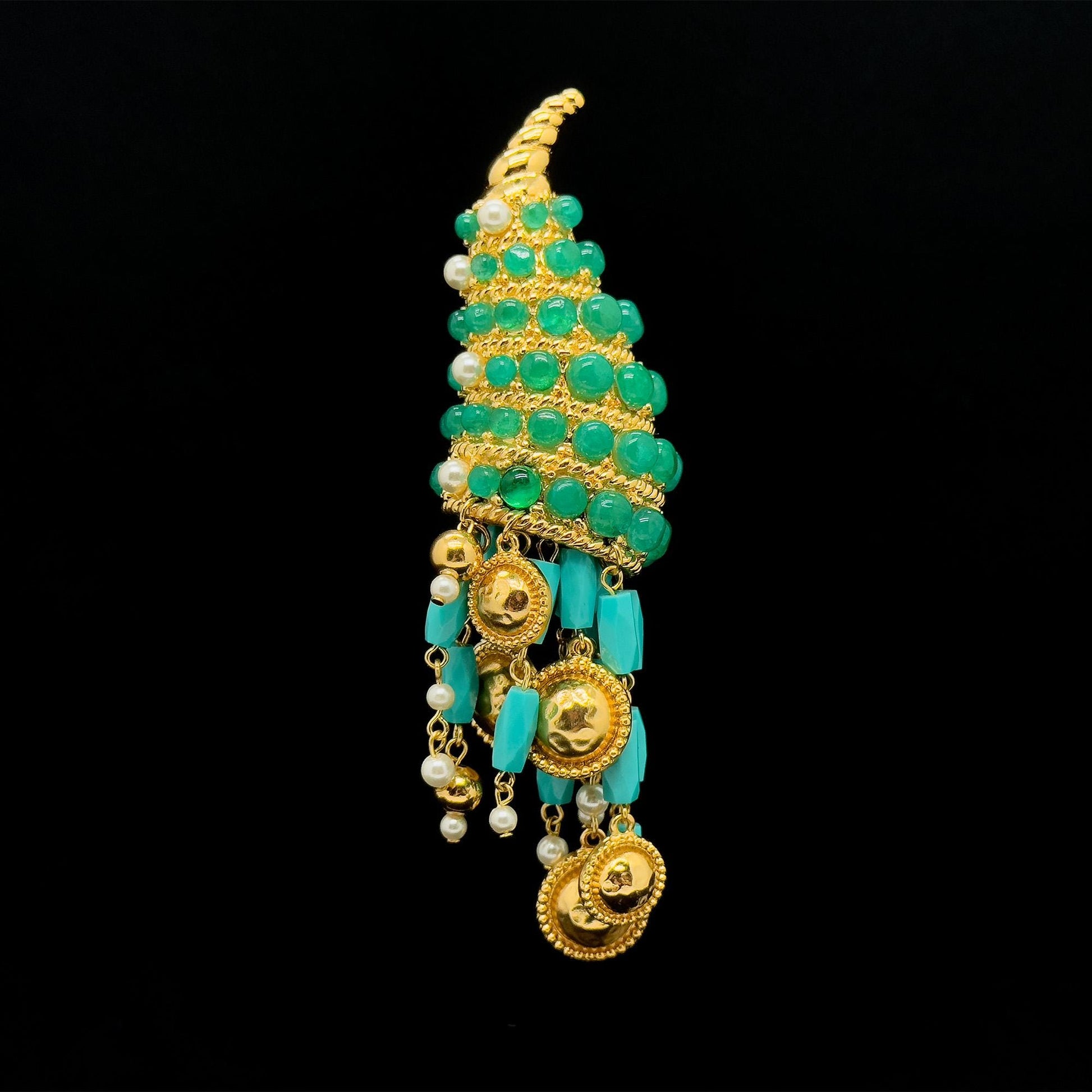 Vintage Art Deco Conch Shell Brooch 18K Gold-Plated Pearl Fringe