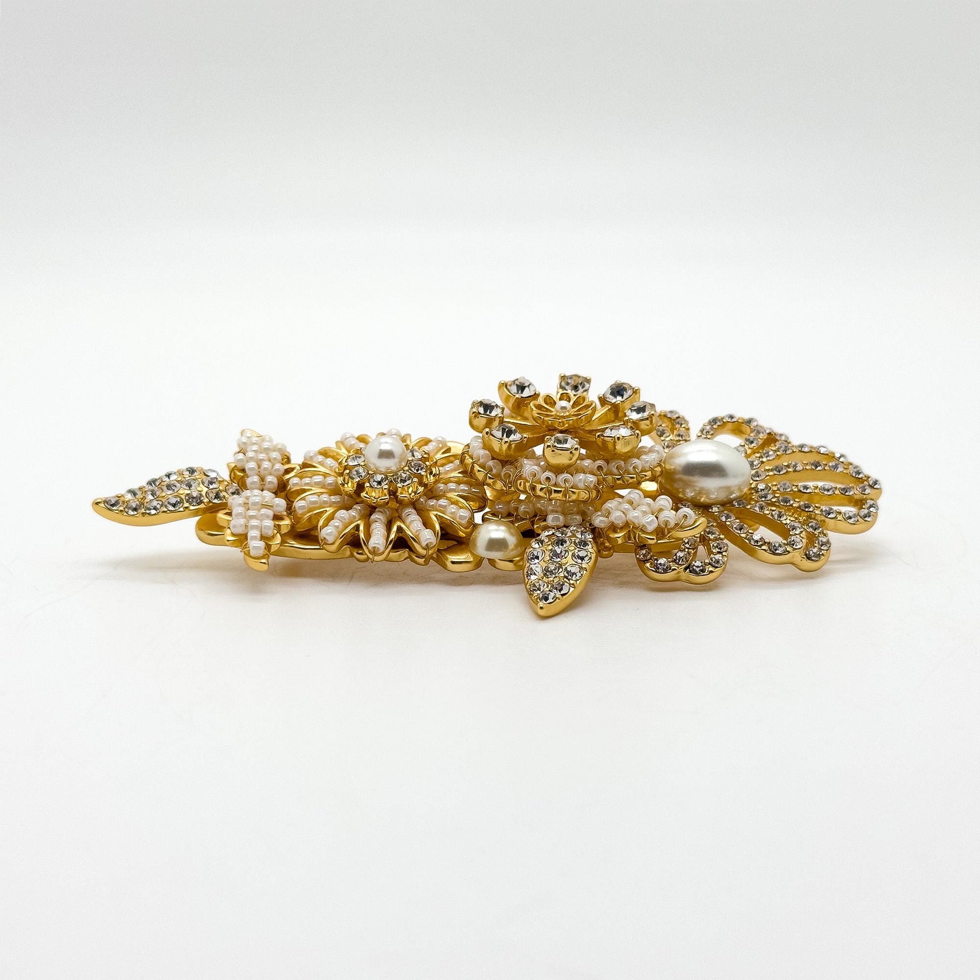 Vintage Art Deco Pearl Crystal Brooch Gold-Plated Woven Crown