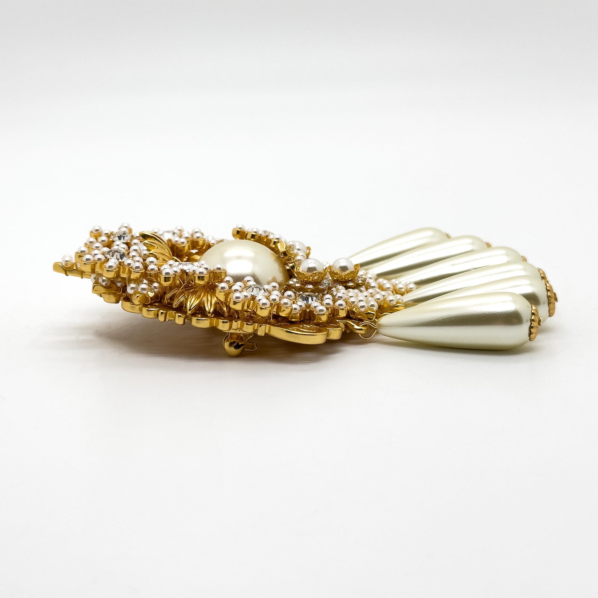 Vintage Art Deco Pearl Beaded Gold-Plated Statement Overcoat Brooch