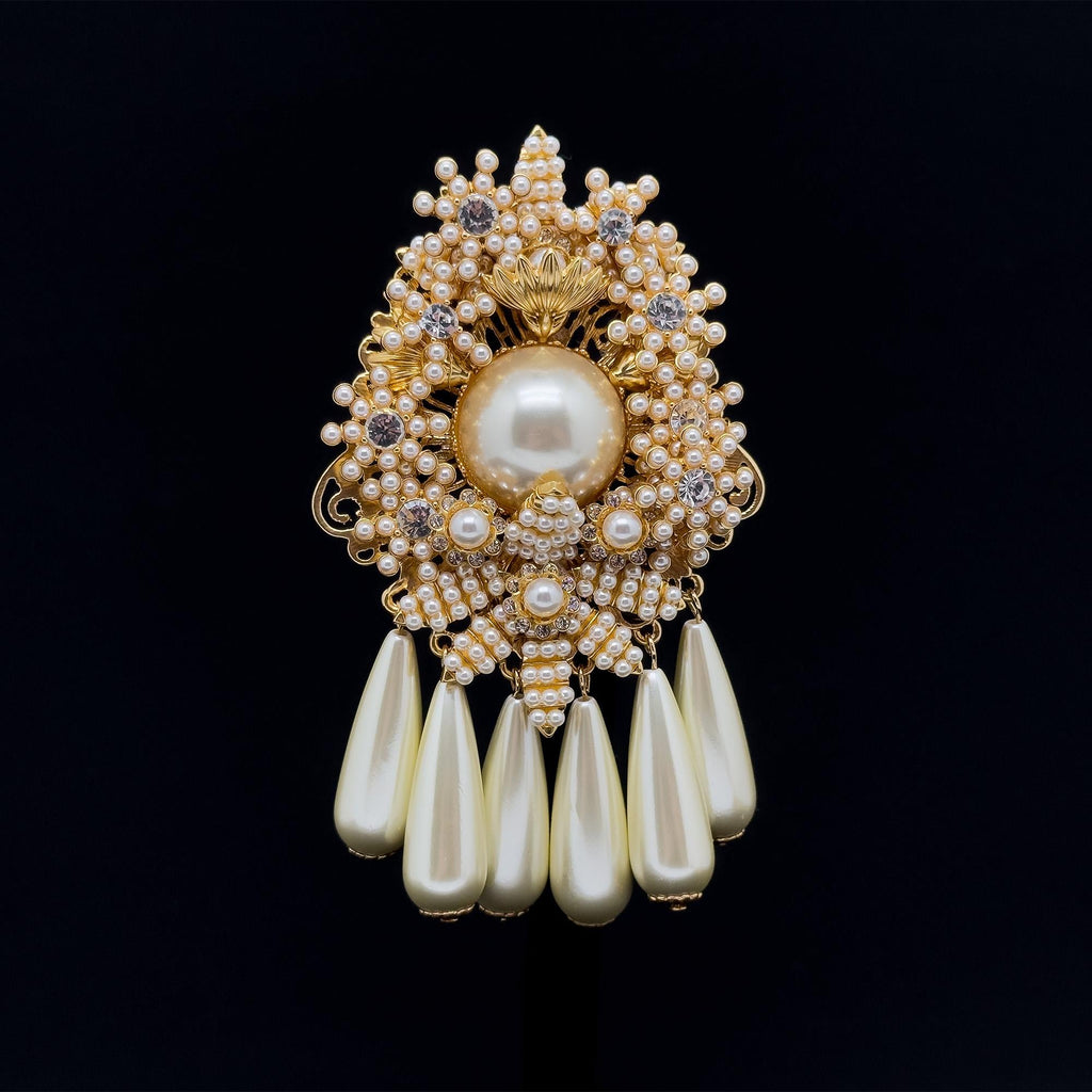 Vintage Art Deco Pearl Beaded Gold-Plated Statement Overcoat Brooch