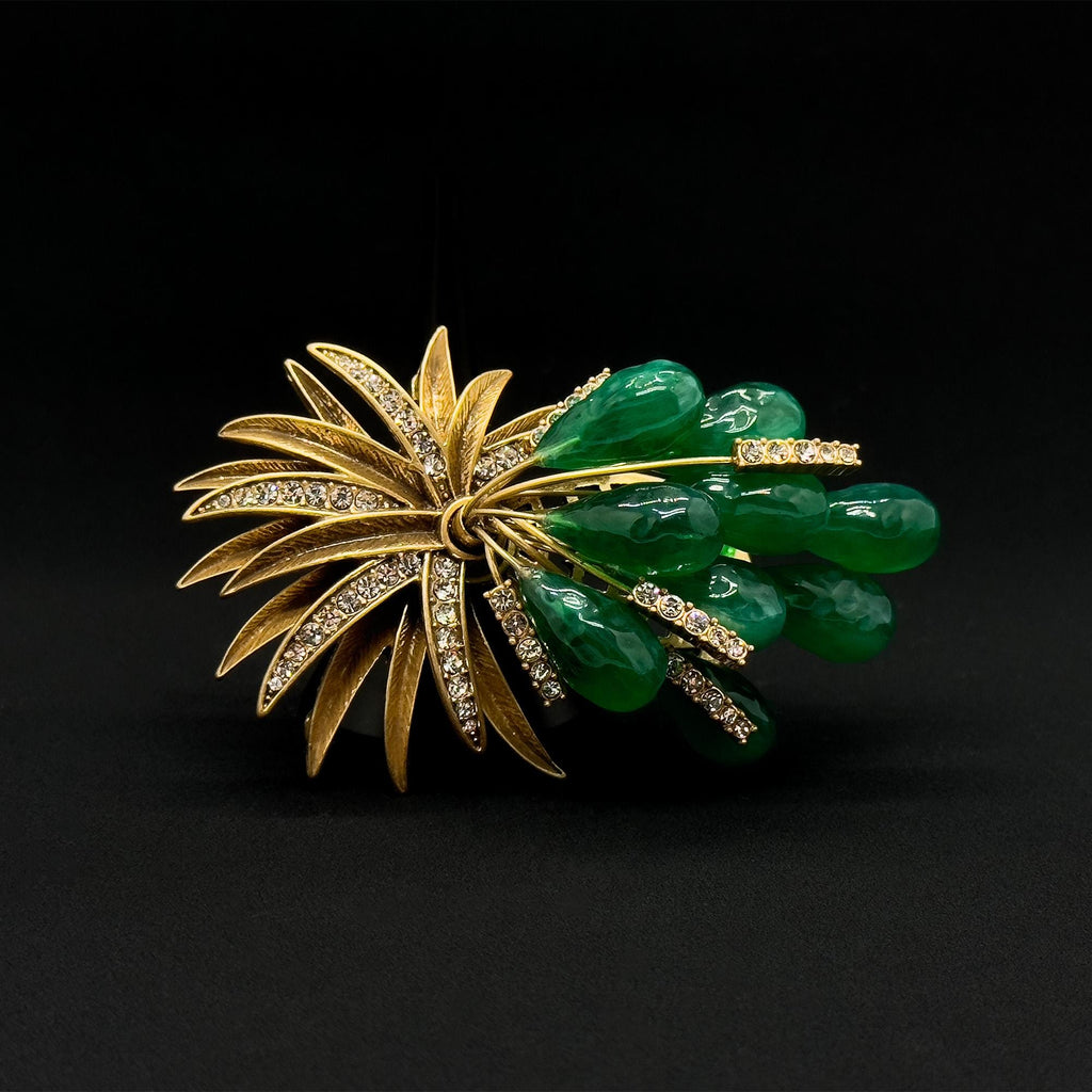 Vintage Art Deco Grape Brooch Copper Crystal Resin Pin