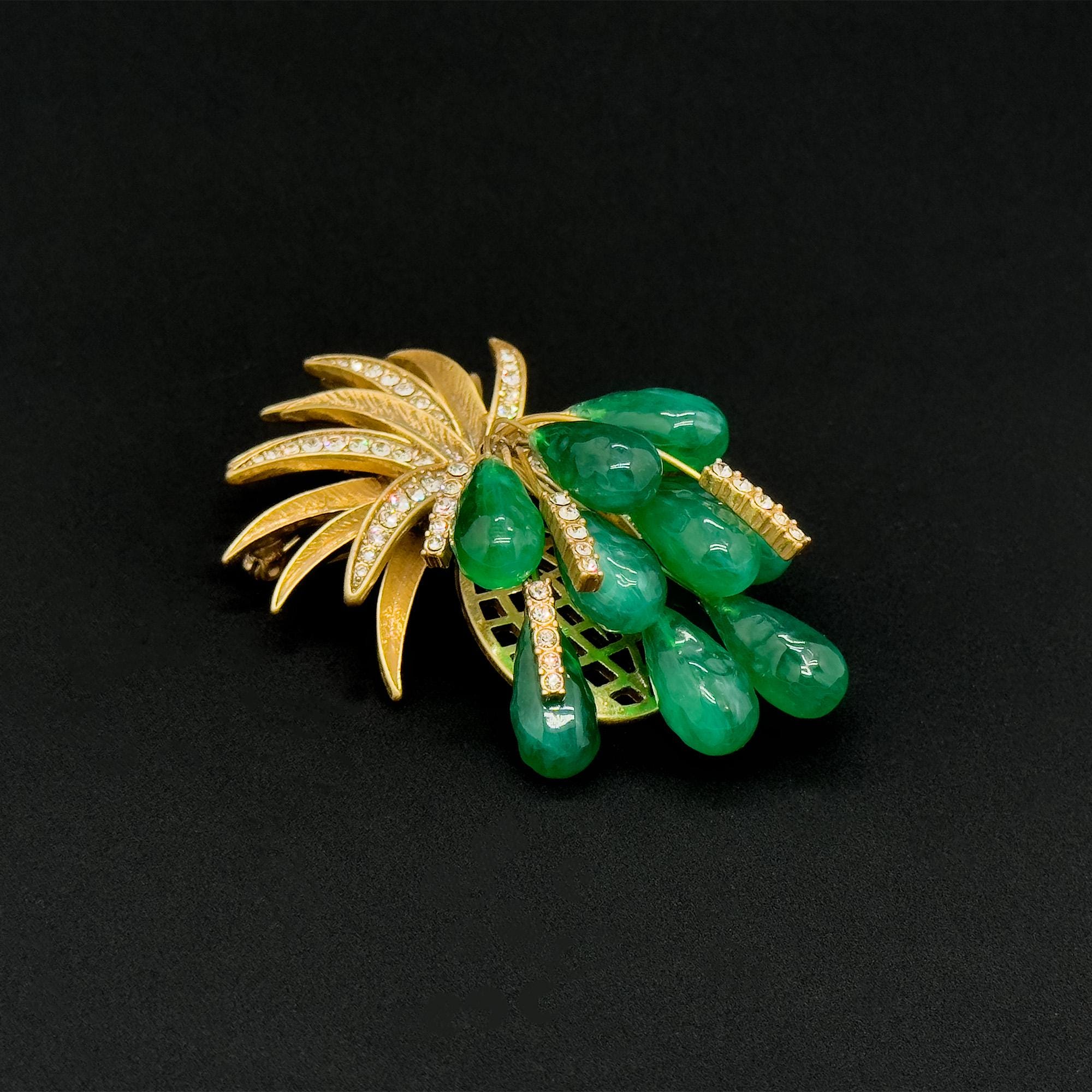 Vintage Art Deco Grape Brooch Copper Crystal Resin Pin