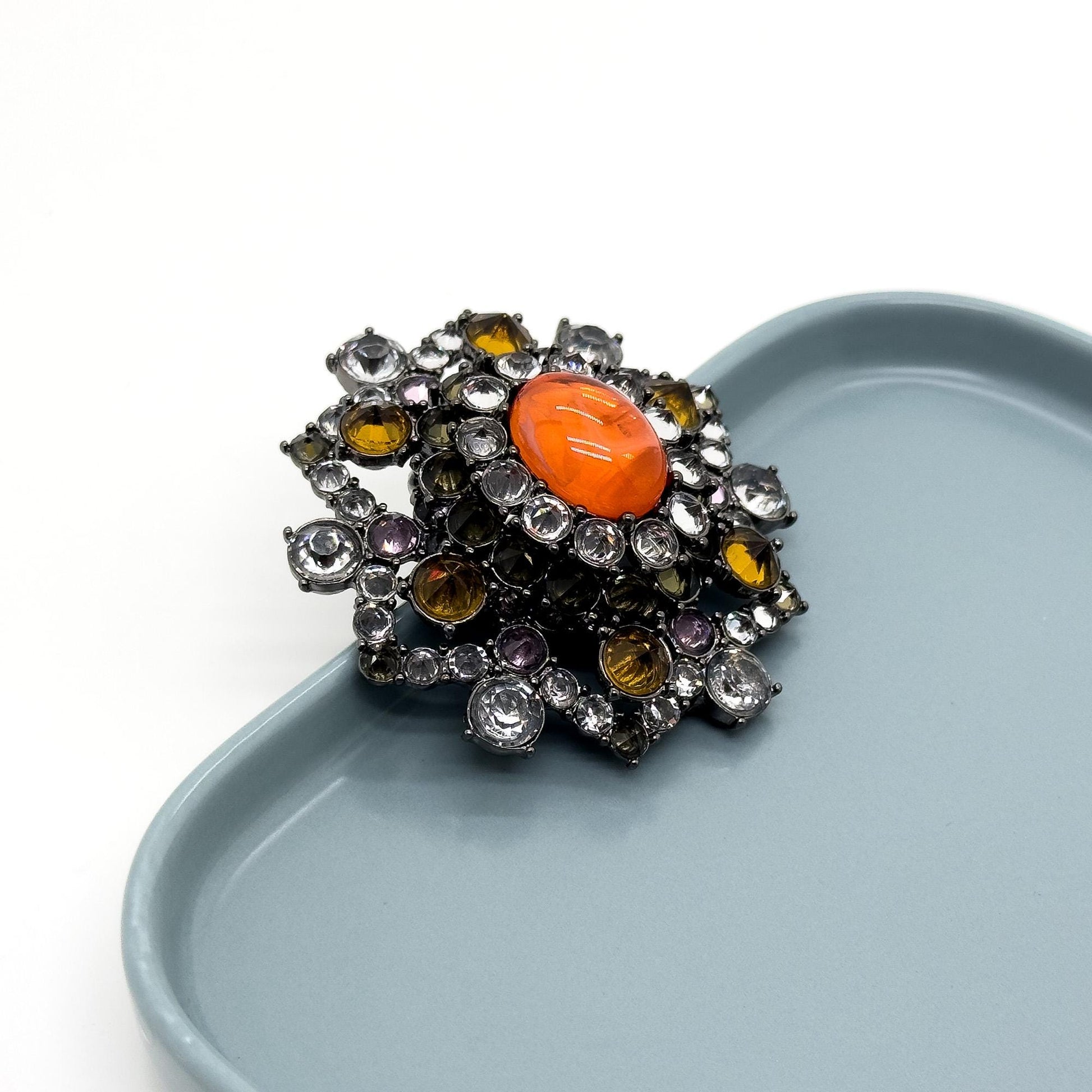 Vintage Art Deco Rhinestone Crystal Copper Brooch, Court-Style Pin