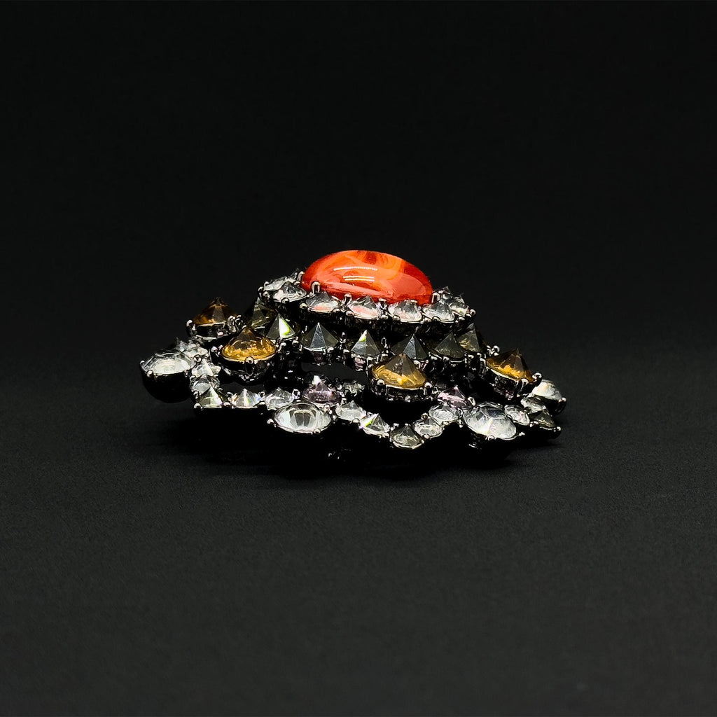 Vintage Art Deco Rhinestone Crystal Copper Brooch, Court-Style Pin