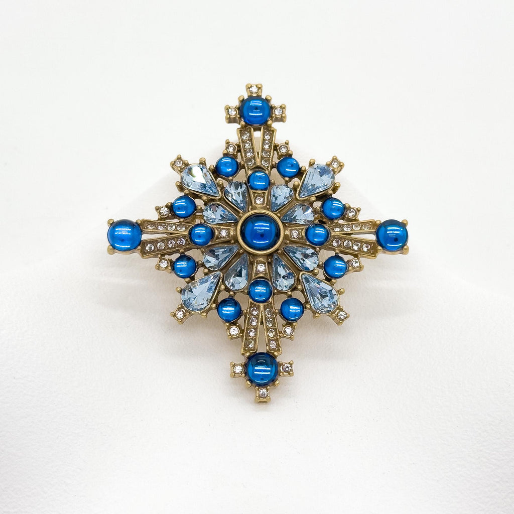 Vintage Art Deco Blue Crystal Cross Brooch, Copper Backing