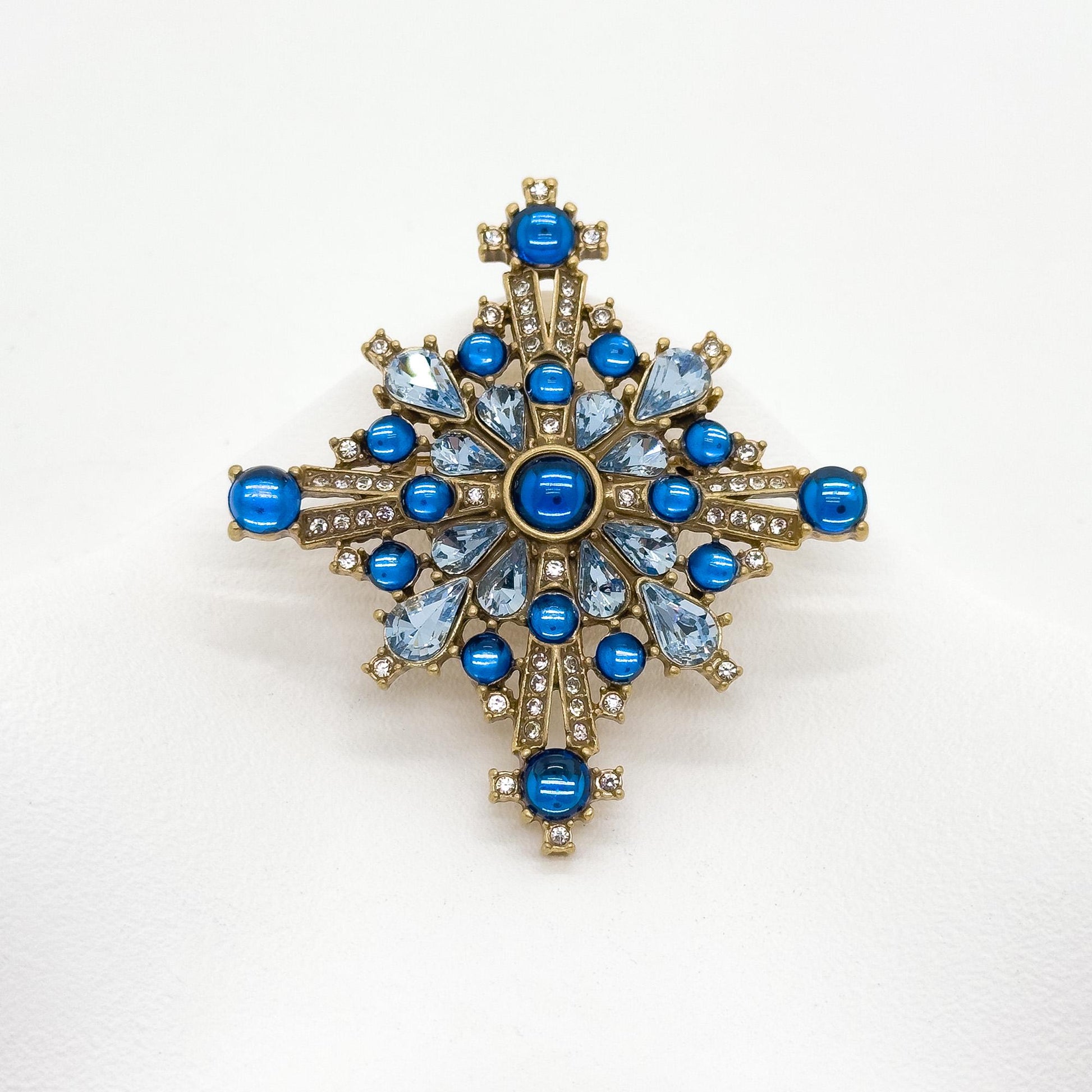 Vintage Art Deco Blue Crystal Cross Brooch, Copper Backing