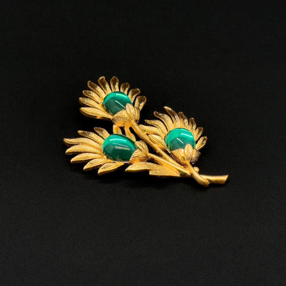 Vintage Art Deco 3D Leaf Brooch Gold-Plated Glass Accent