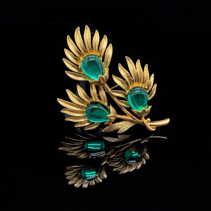 Vintage Art Deco 3D Leaf Brooch Gold-Plated Glass Accent