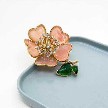 Vintage Art Deco Pink 3D Flower Brooch Glass Copper Pin