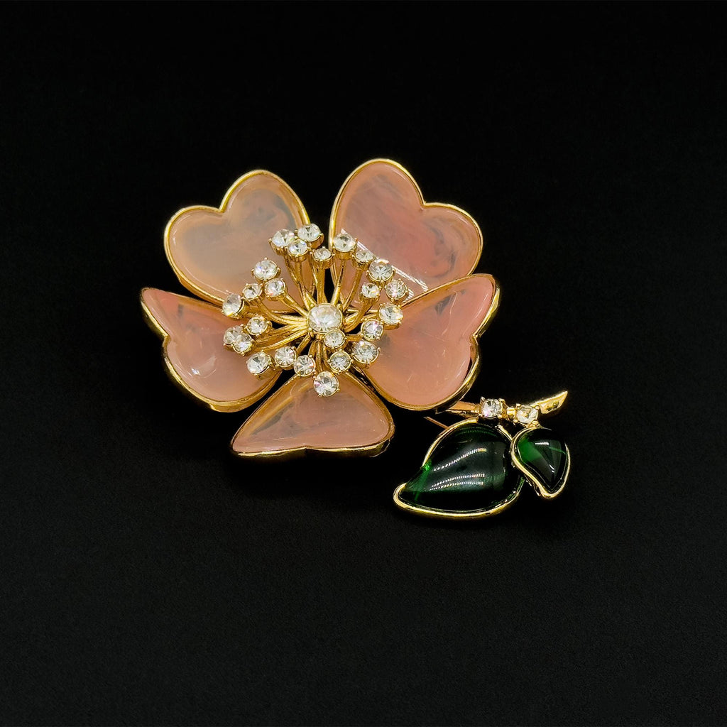 Vintage Art Deco Pink 3D Flower Brooch Glass Copper Pin