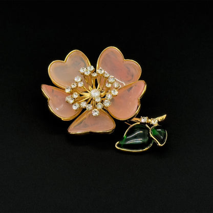 Vintage Art Deco Pink 3D Flower Brooch Glass Copper Pin