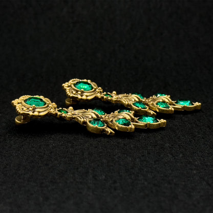 Vintage Ethnic Green Crystal Leaf Drop Earrings, 18K Gold-Plated