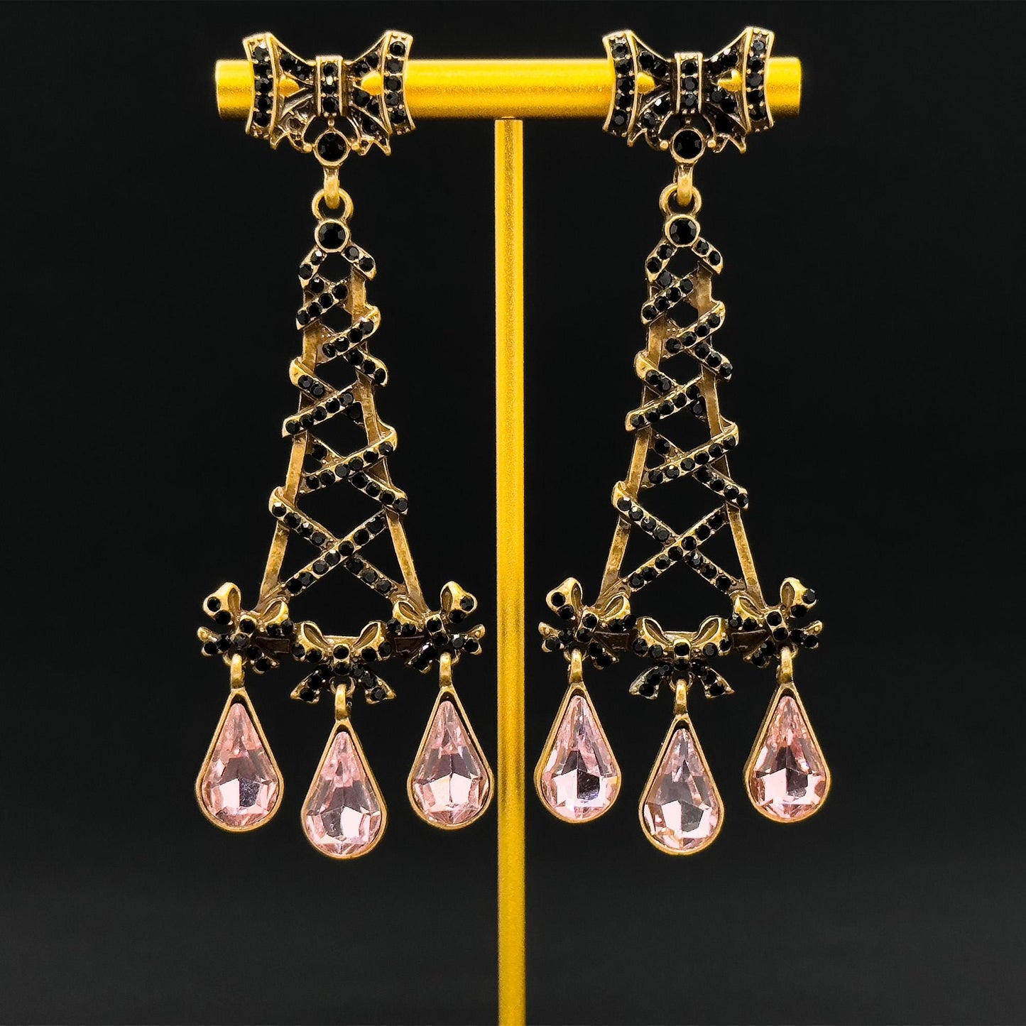 Vintage Ethnic Eiffel Tower Crystal Drop Earrings, 18K Gold-Plated