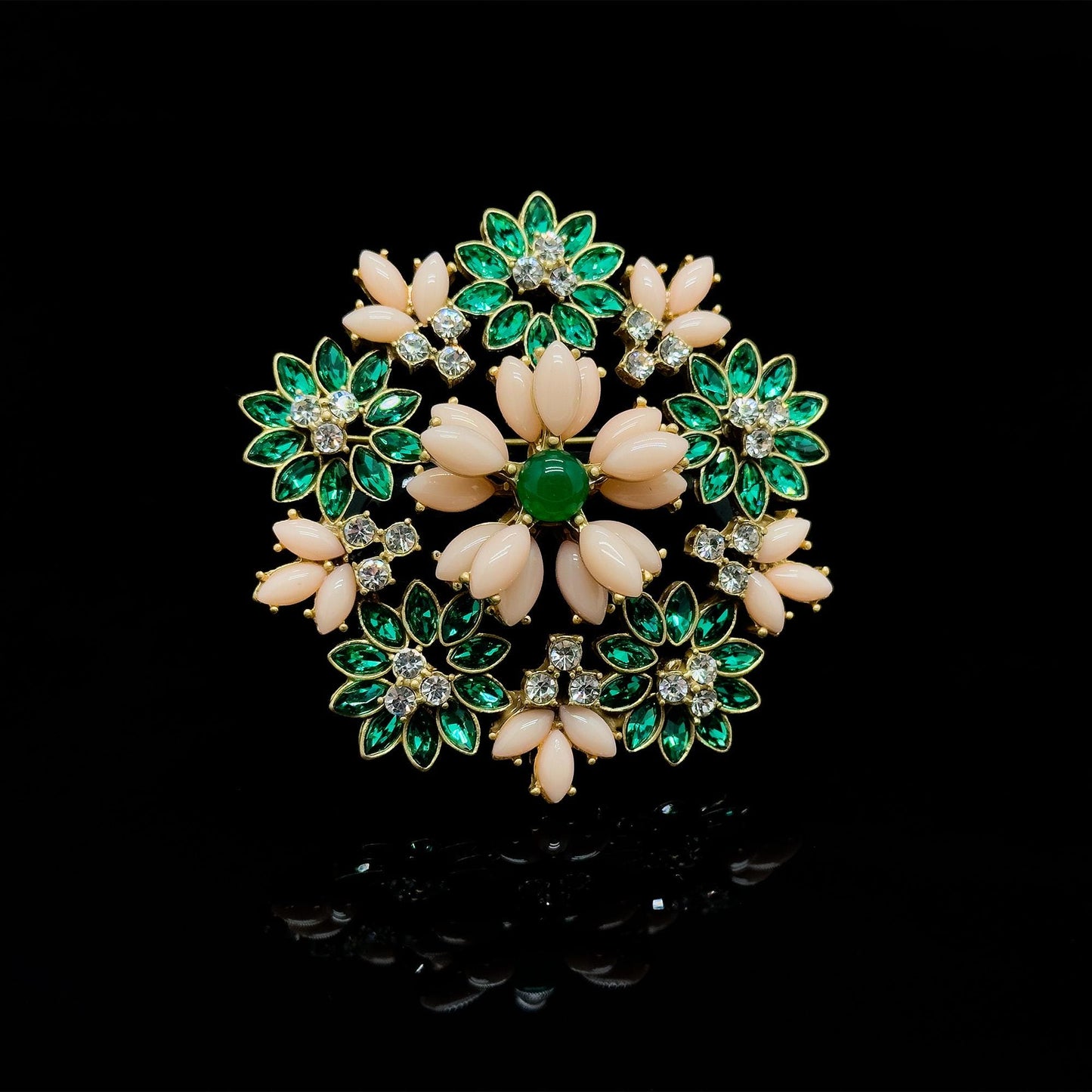 Art Deco 3D Flower Crystal Enamel Brooch 18K Gold-Plated Copper
