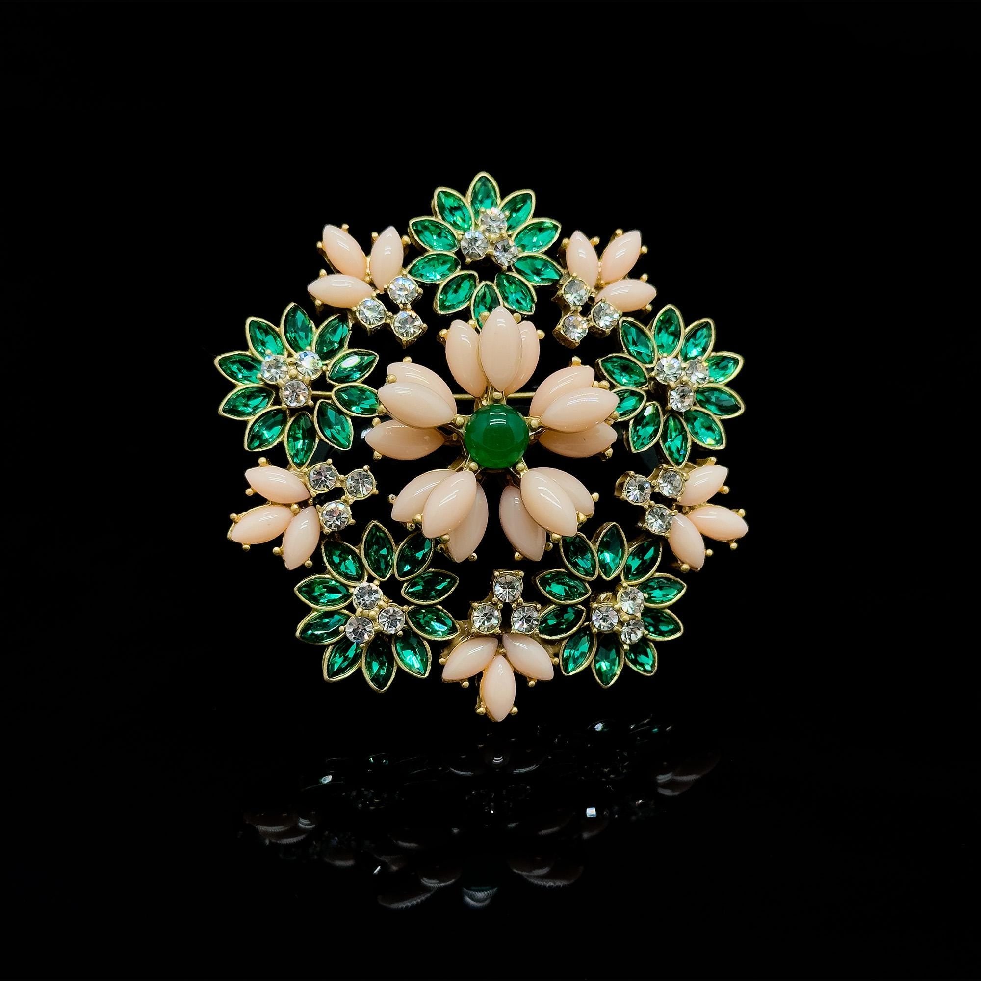 Art Deco 3D Flower Crystal Enamel Brooch 18K Gold-Plated Copper