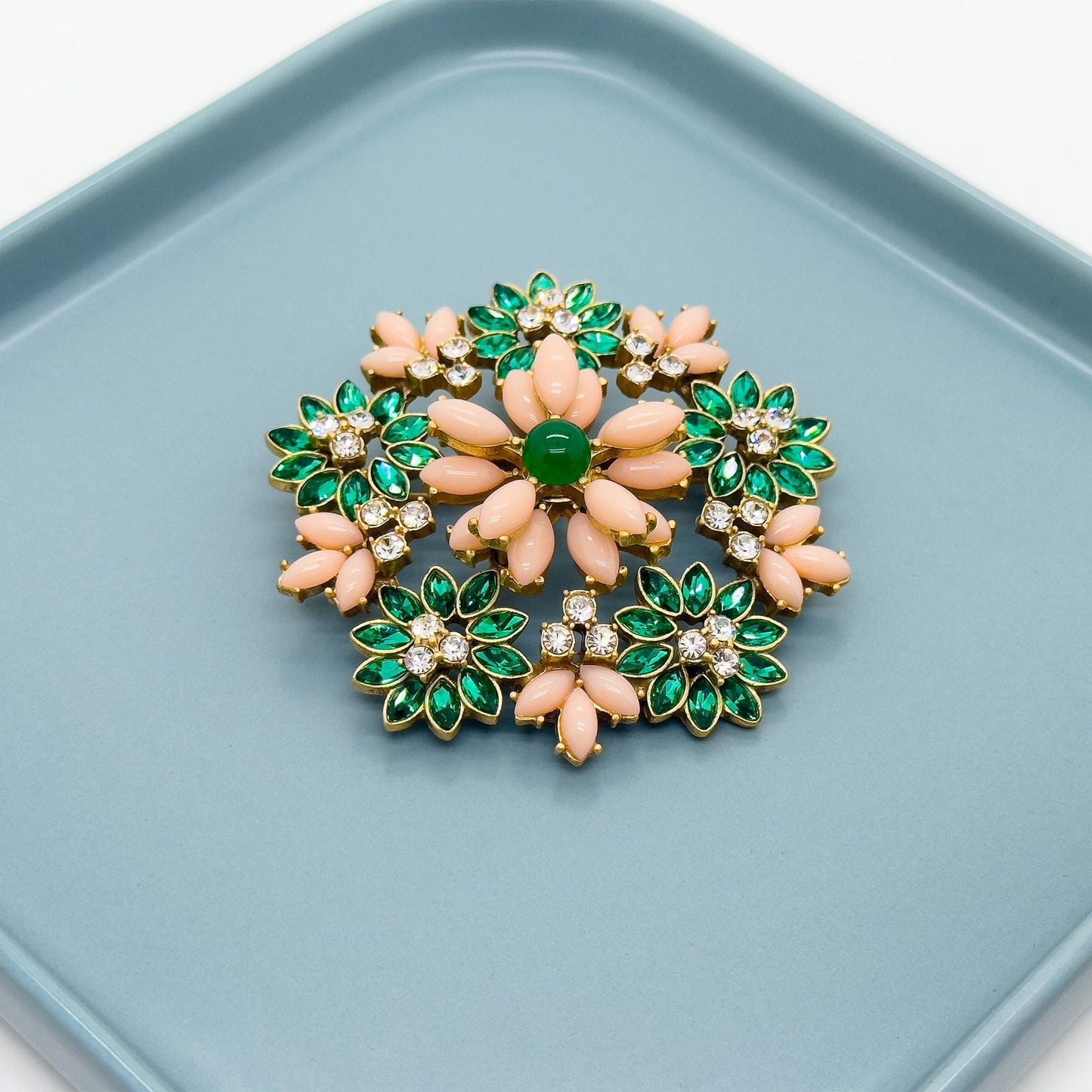 Art Deco 3D Flower Crystal Enamel Brooch 18K Gold-Plated Copper