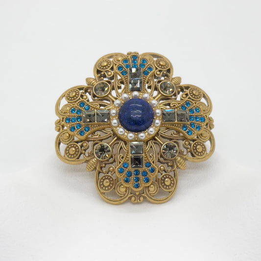 Vintage Art Deco Lapis Lazuli Gold-Plated Copper Brooch 68mm