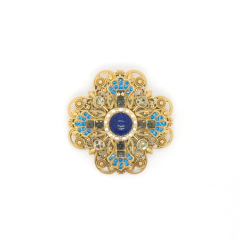 Vintage Art Deco Lapis Lazuli Gold-Plated Copper Brooch 68mm