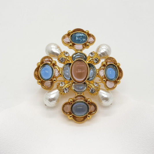 Handcrafted Vintage Art Deco Brooch featuring Lapis Lazuli, Crystal and Pearl