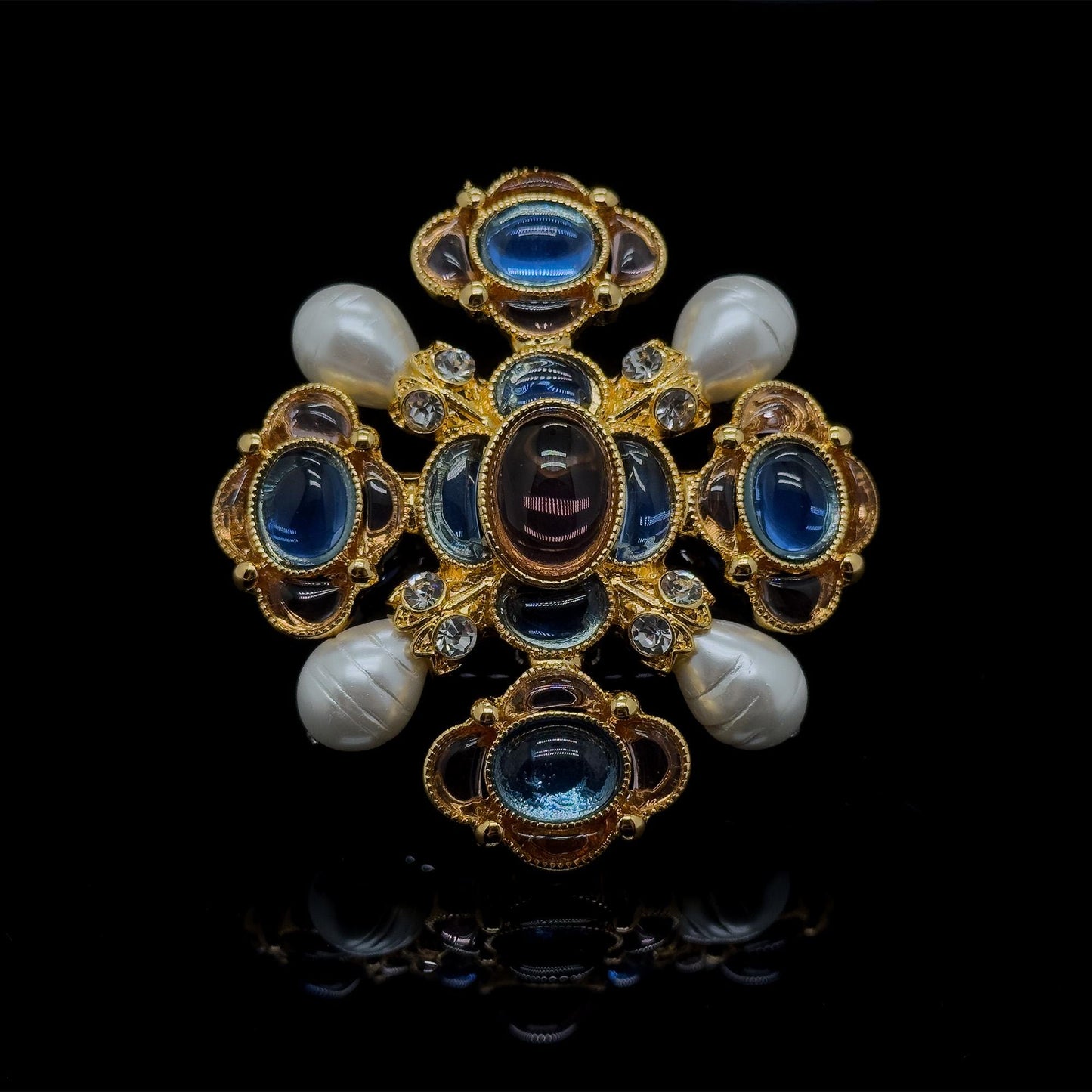 Handcrafted Vintage Art Deco Brooch featuring Lapis Lazuli, Crystal and Pearl