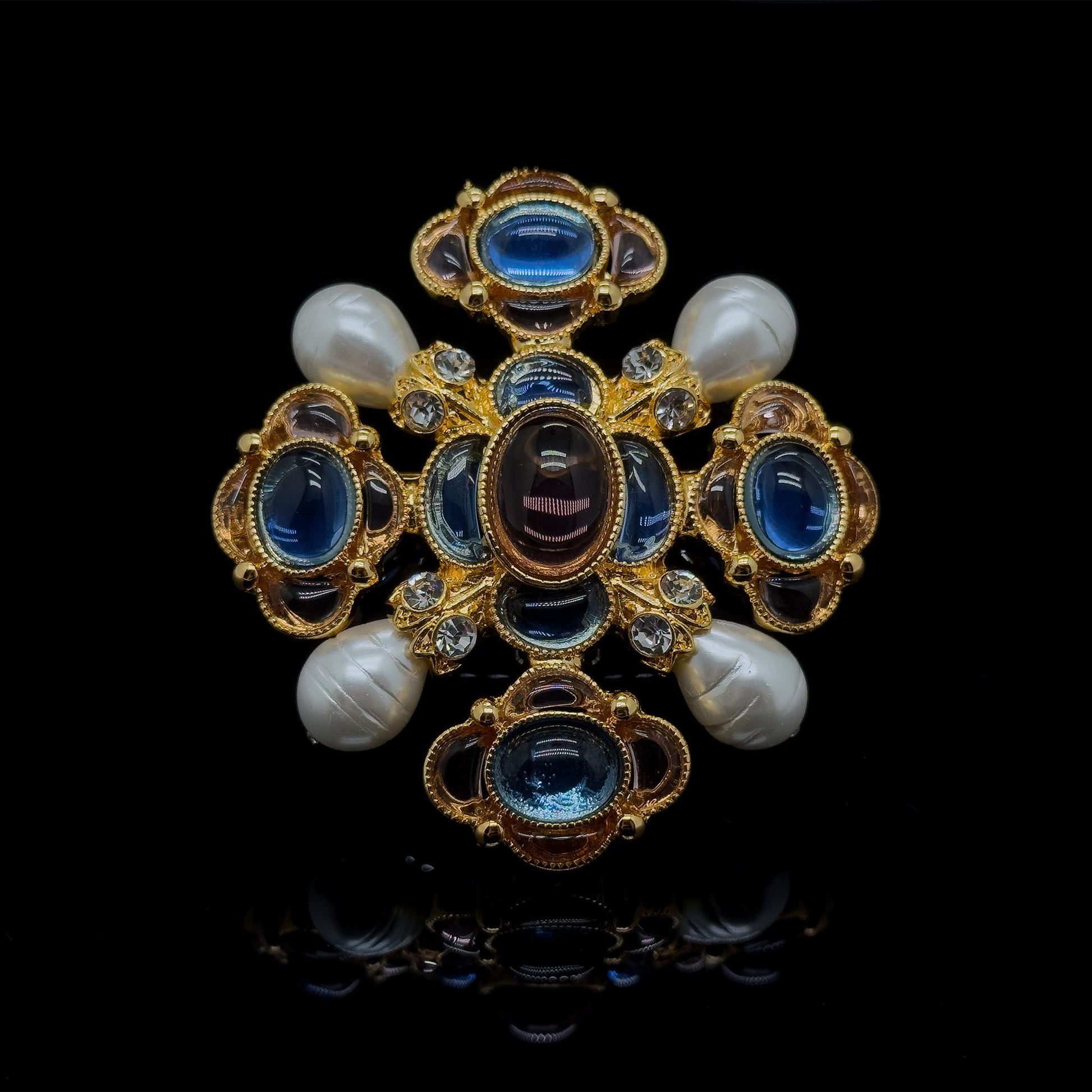 Handcrafted Vintage Art Deco Brooch featuring Lapis Lazuli, Crystal and Pearl