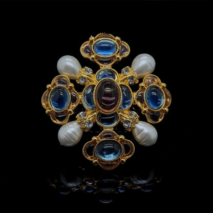 Handcrafted Vintage Art Deco Brooch featuring Lapis Lazuli, Crystal and Pearl