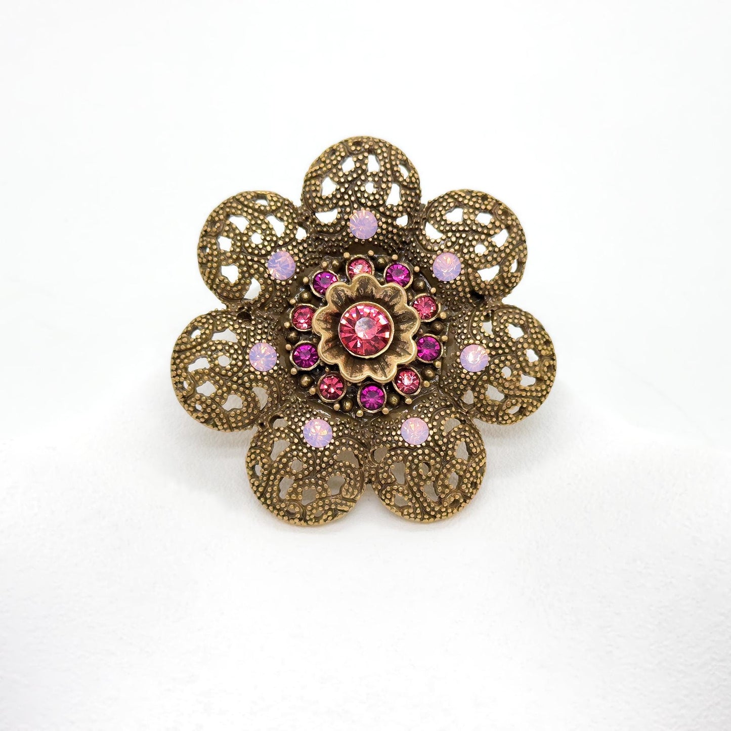 Vintage Art Deco Crystal Sunflower Brooch 3D Copper Gemstone Pin