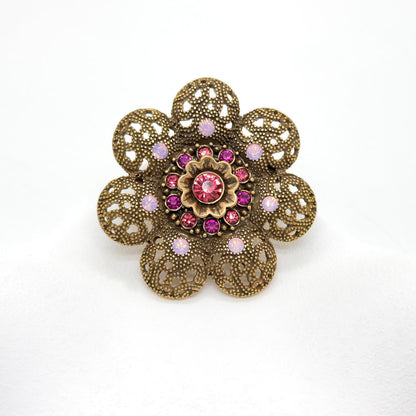 Vintage Art Deco Crystal Sunflower Brooch 3D Copper Gemstone Pin