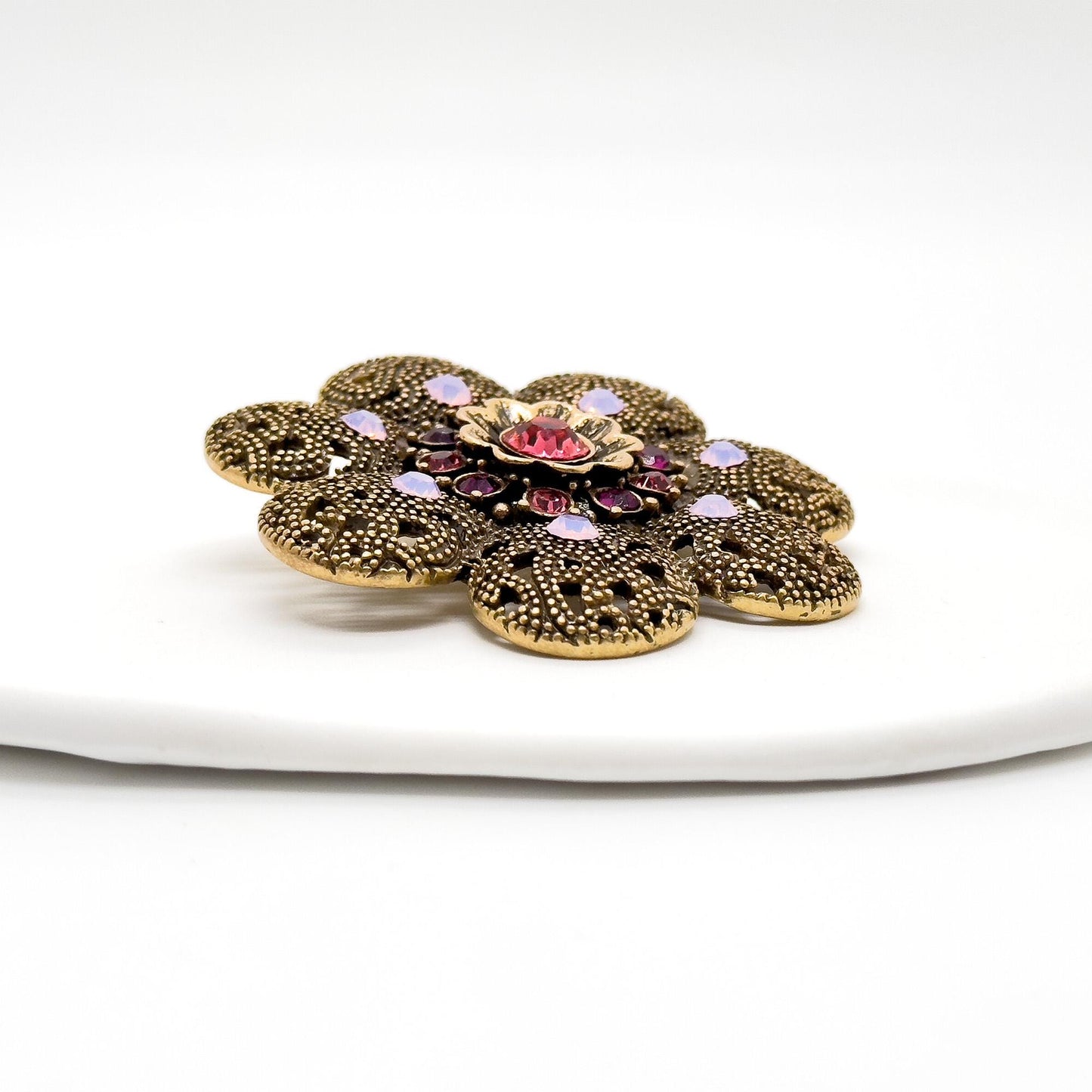 Vintage Art Deco Crystal Sunflower Brooch 3D Copper Gemstone Pin