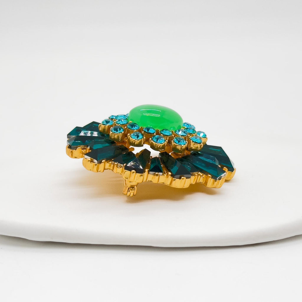 Vintage Art Deco Zircon Brooch 18K Gold-Plated Green Crystal Pin
