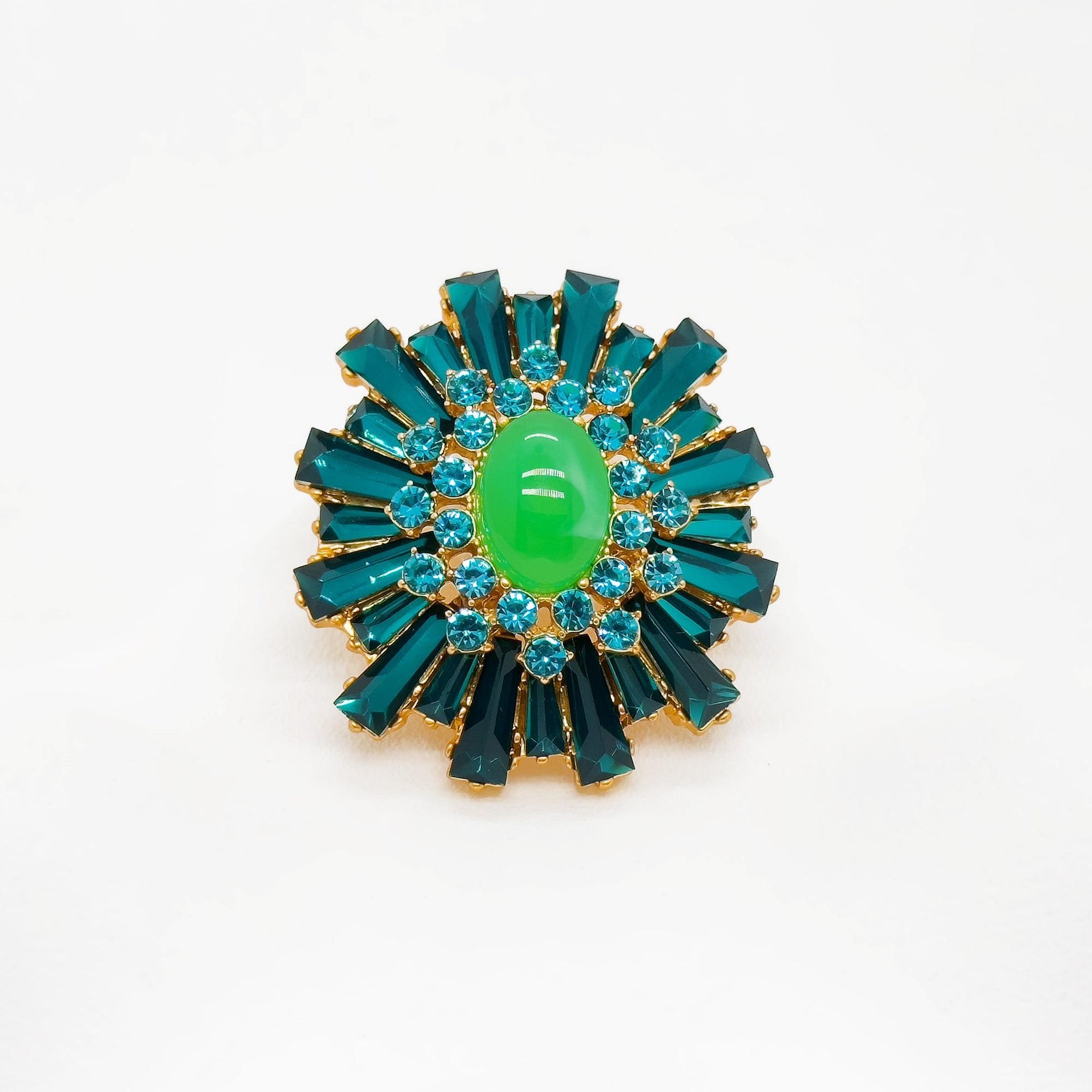 Vintage Art Deco Zircon Brooch 18K Gold-Plated Green Crystal Pin
