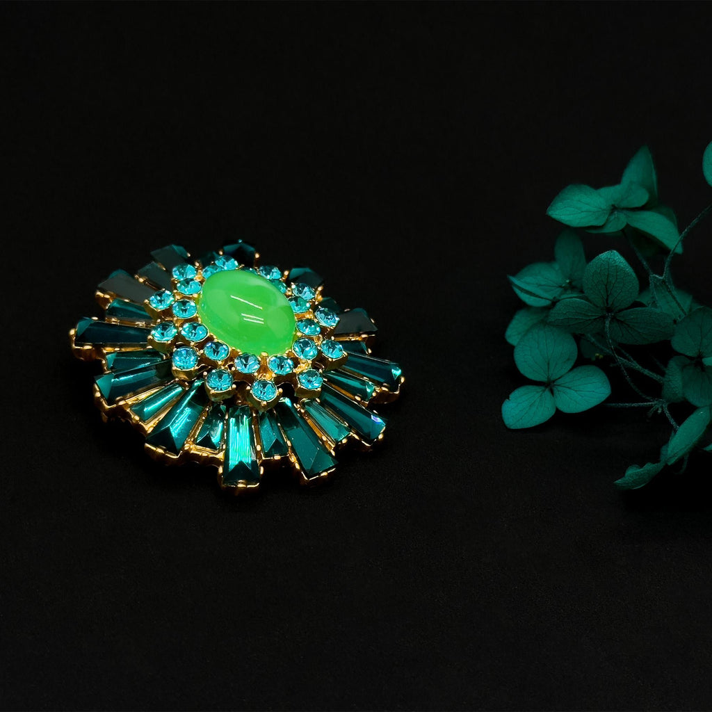 Vintage Art Deco Zircon Brooch 18K Gold-Plated Green Crystal Pin