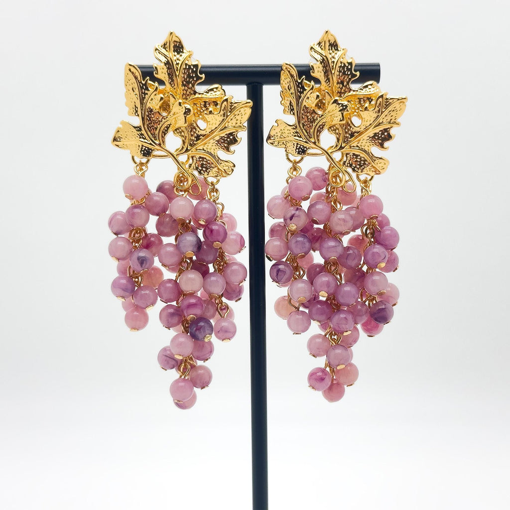 Chic Vintage Art Deco Grape Drop Earrings - Purple Resin & Gold Plated