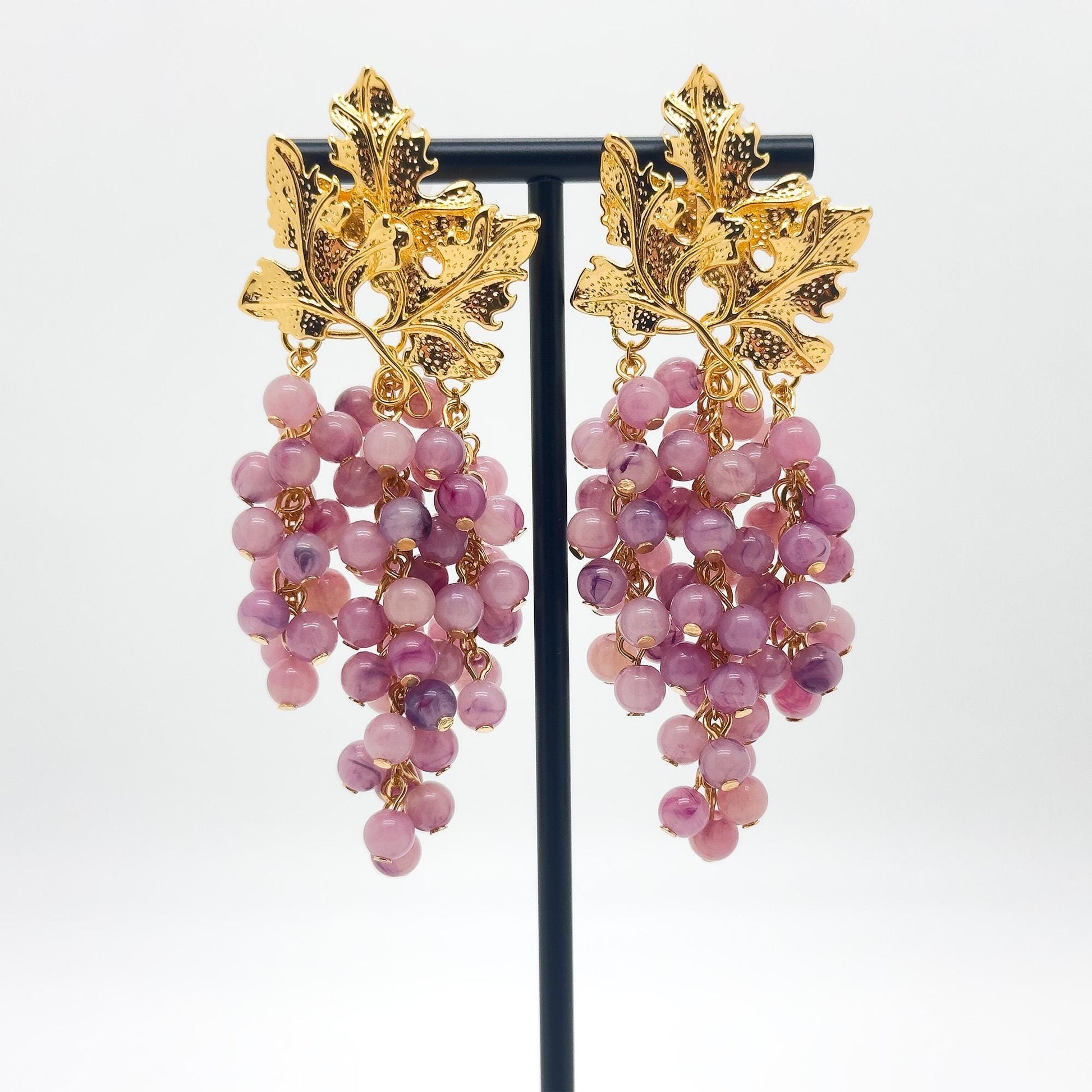 Chic Vintage Art Deco Grape Drop Earrings - Purple Resin & Gold Plated