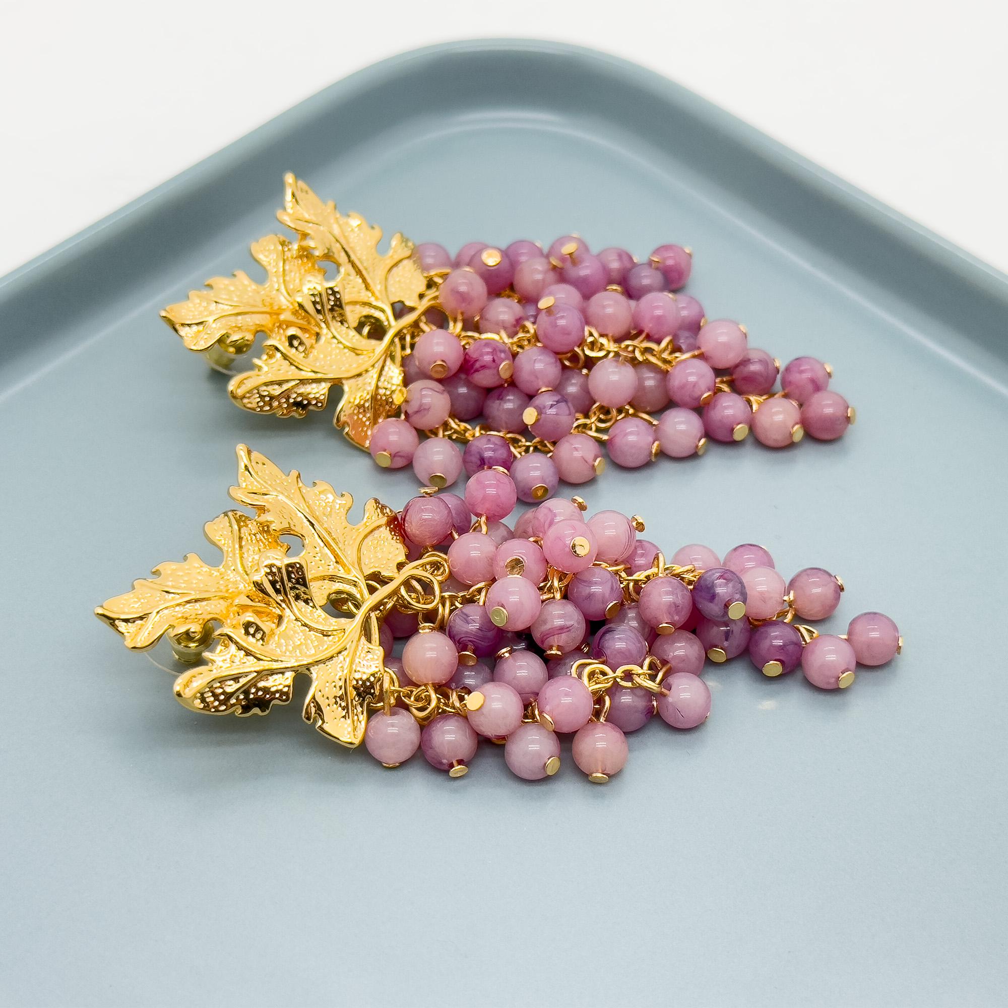 Chic Vintage Art Deco Grape Drop Earrings - Purple Resin & Gold Plated