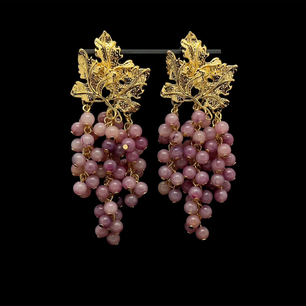 Chic Vintage Art Deco Grape Drop Earrings - Purple Resin & Gold Plated