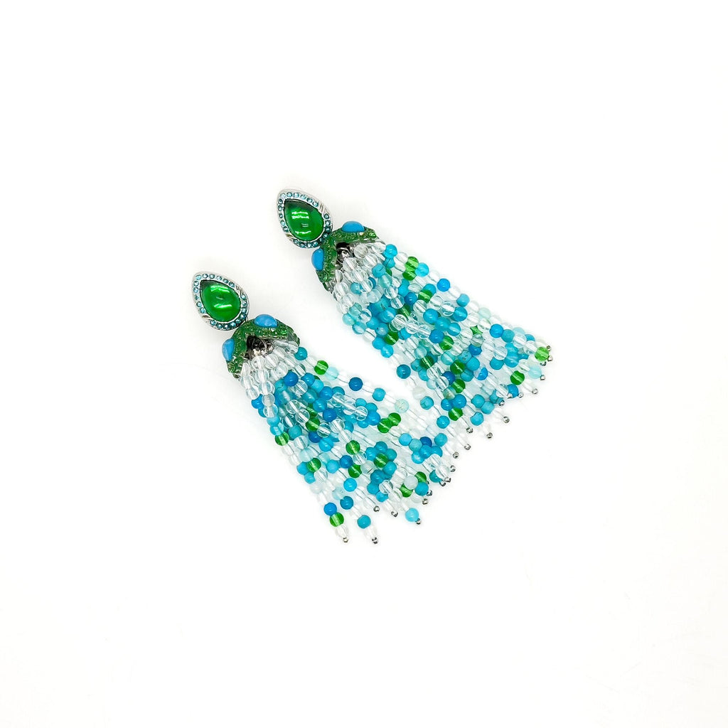 Art Deco Turquoise Boho Beaded Long Tassel Onyx Earrings