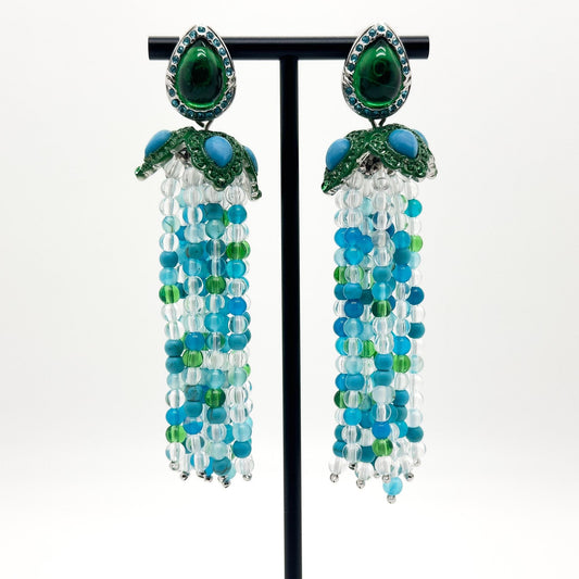 Art Deco Turquoise Boho Beaded Long Tassel Onyx Earrings